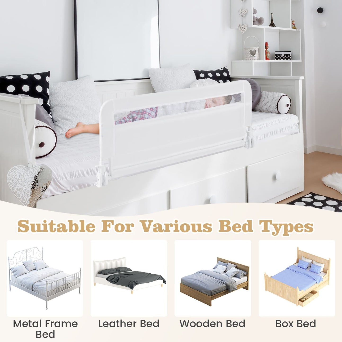 COSTWAY Toddlers Bed Rail Guard 100Cm Foldable Baby Bed Rail-White SVE10047WHBS