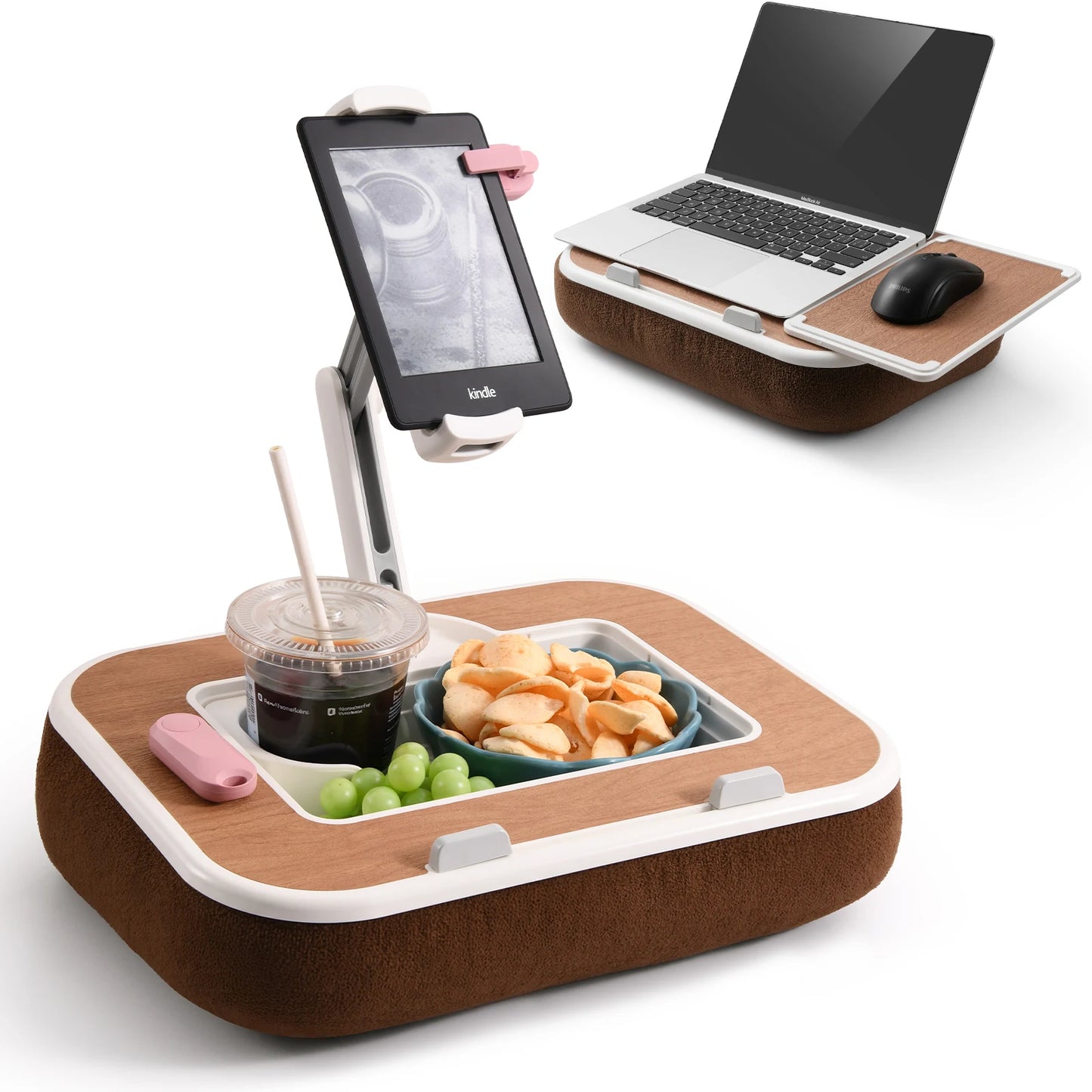 Tablet Pillow Stand Ipad Laptop Kindle Holder with Snack Bowl for Bed Couch Recliner 360°Rotate Clip Fits for 4.7-13"Inches