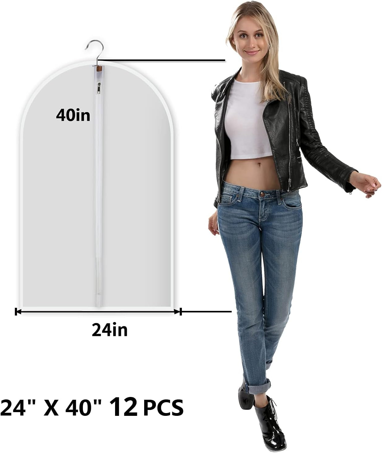 Clear Garment Bags Hanging Clothes Bags (Set of 12) for Closet Storage Plastic Bag with Zipper for Suit Dress Coat Travel Laundry Wardrobe Closet Garment Dust Cover Bags 24'' X 40'' 12 Pack