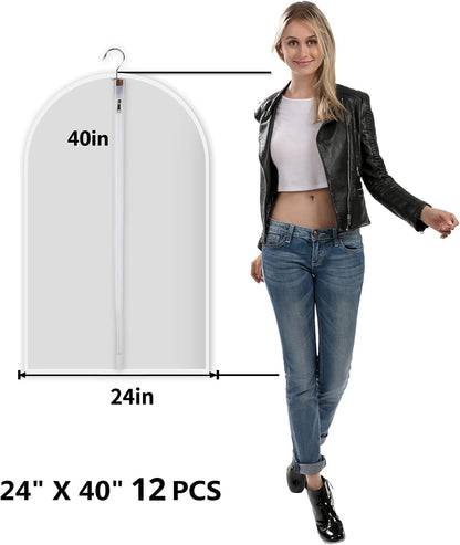 Clear Garment Bags Hanging Clothes Bags (Set of 12) for Closet Storage Plastic Bag with Zipper for Suit Dress Coat Travel Laundry Wardrobe Closet Garment Dust Cover Bags 24'' X 40'' 12 Pack