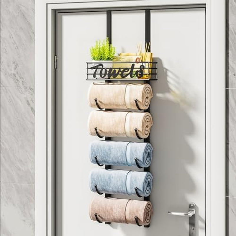 over Door Towel Rack - Towel Storage Rack Wall Mounted with Metal Shelf Basket, 6-Tier over Door Towel Rail & Bathroom Storage Organiser Towel Holders for Bathrooms, Camper, Rv