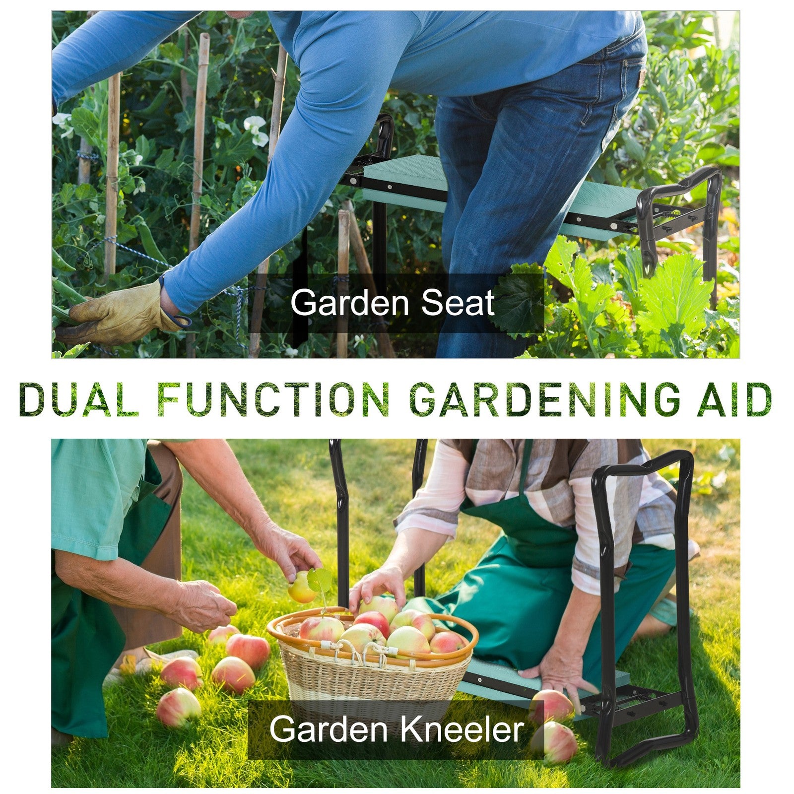 Garden Kneeler 2 in 1 Ergonomic Design Knee Pad Support Bench Foldable, Green