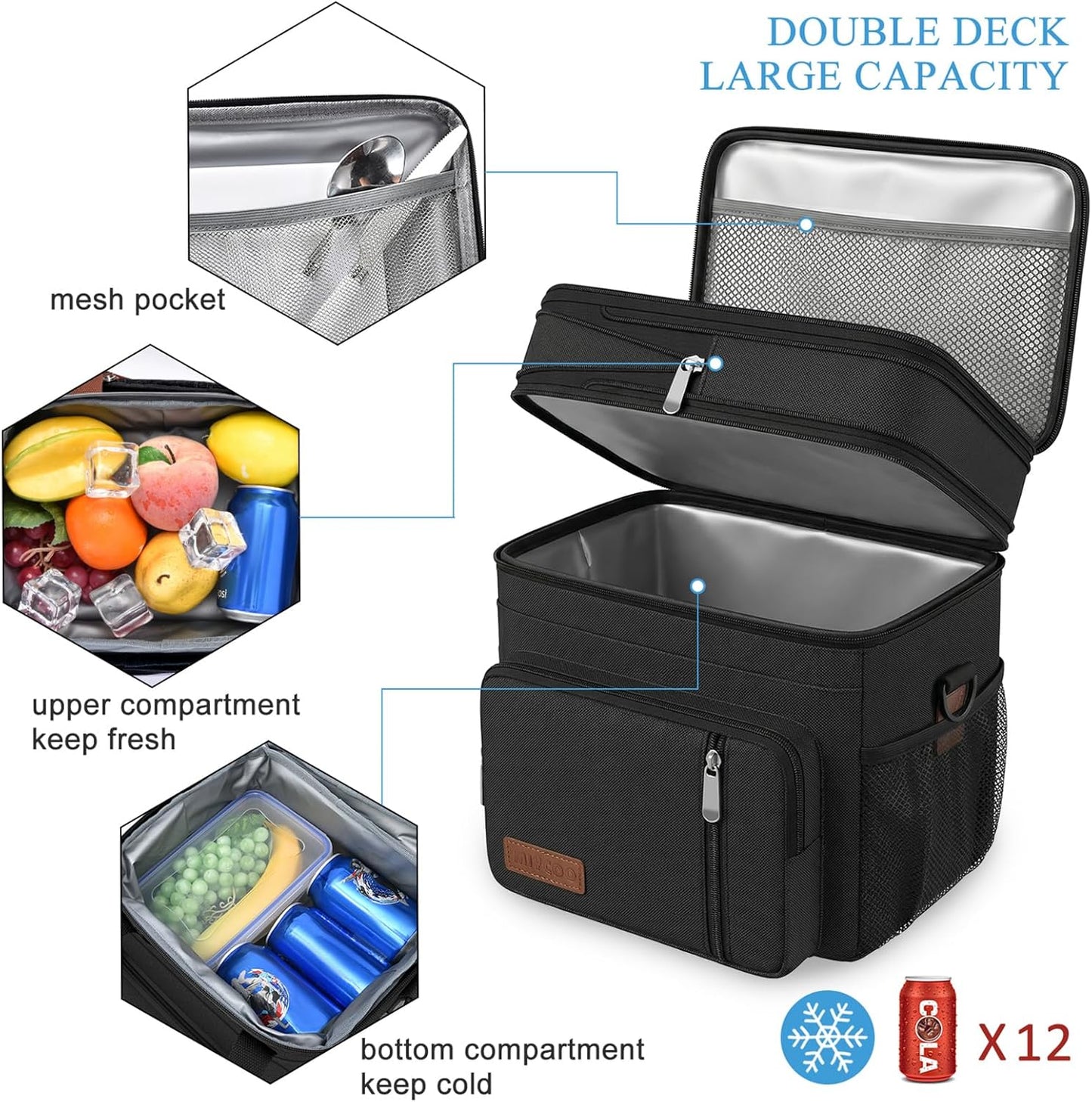 Lunch Bag & Lunch Box for Men Women Double Deck - Leakproof Insulated Soft Large Adult Lunch Cooler Bag for Work Picnic (Black,15L)