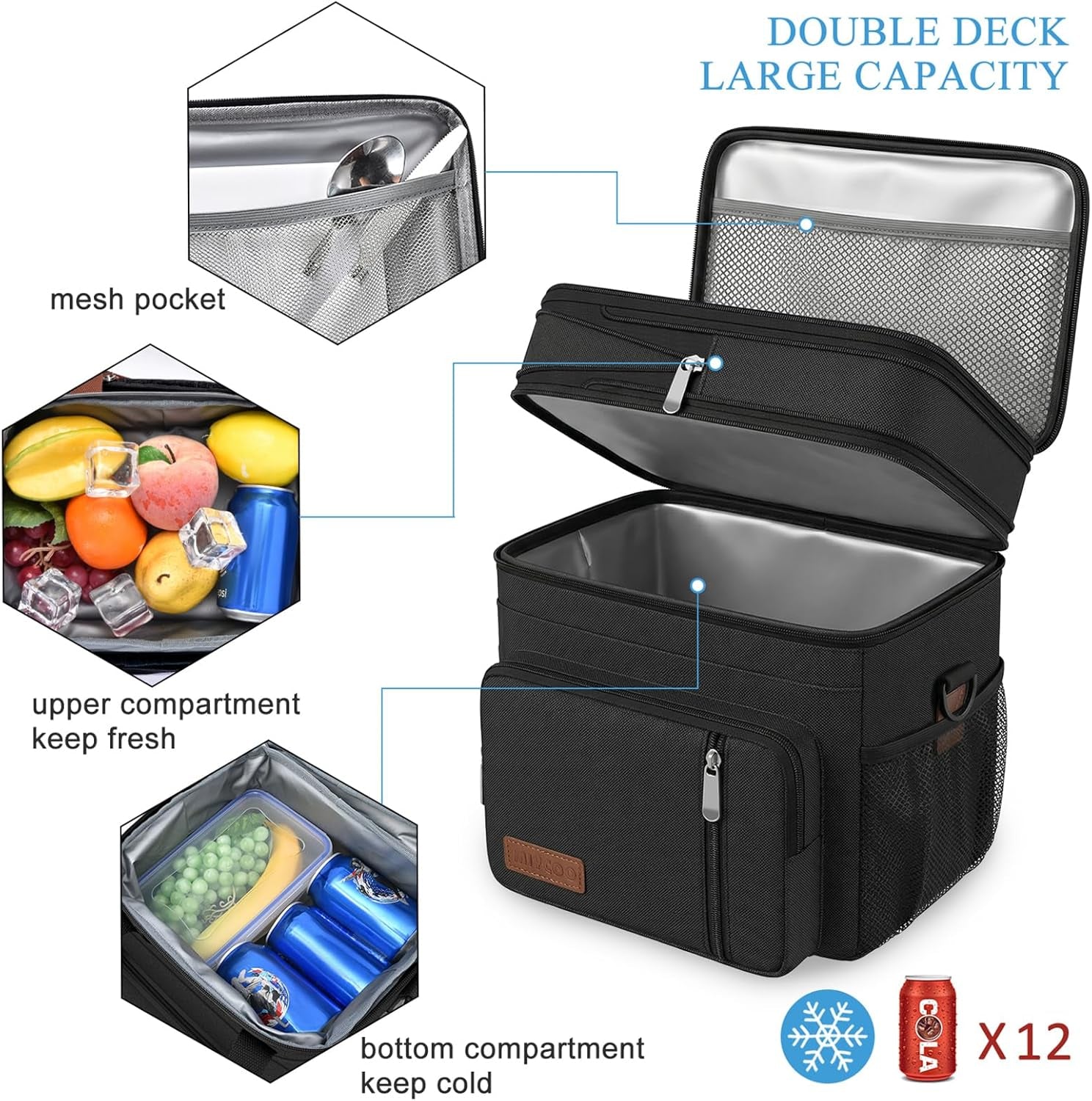 Lunch Bag & Lunch Box for Men Women Double Deck - Leakproof Insulated Soft Large Adult Lunch Cooler Bag for Work Picnic (Black,15L)