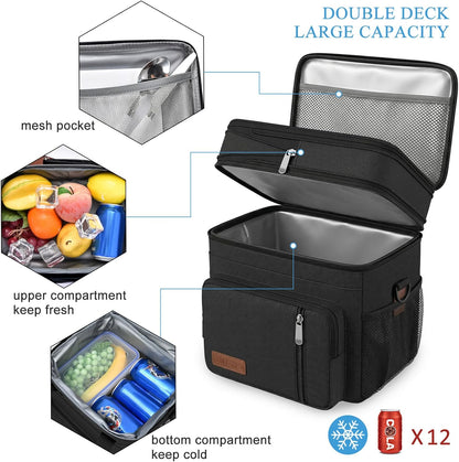 Lunch Bag & Lunch Box for Men Women Double Deck - Leakproof Insulated Soft Large Adult Lunch Cooler Bag for Work Picnic (Black,15L)