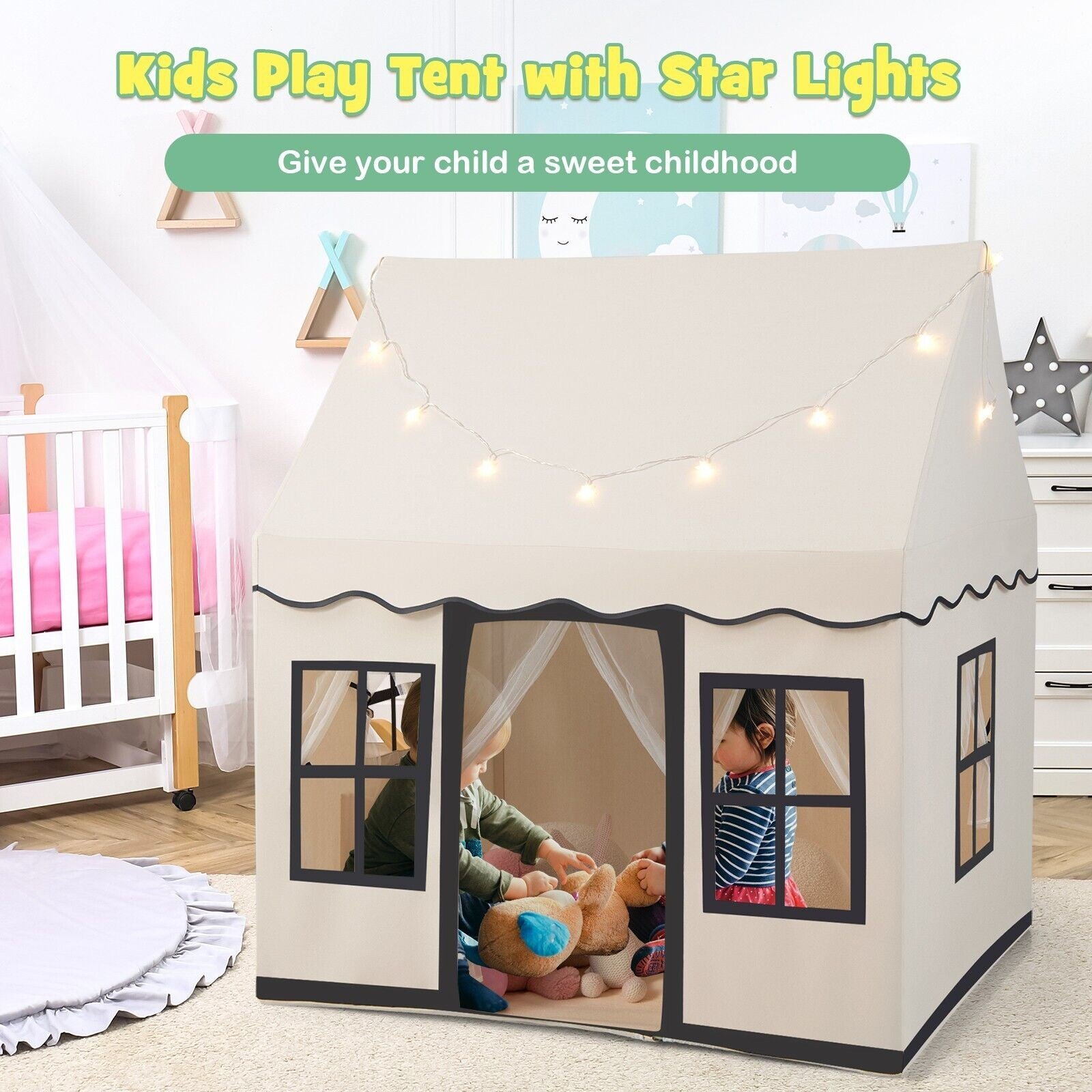 Kids Play Tent Indoor Kids Playhouse with Star Lights Toddler Castle Play Tent