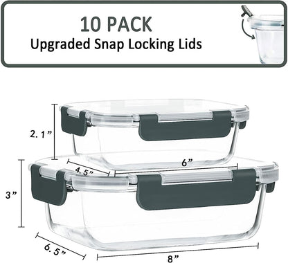 [10-Pack]Glass Meal Prep Containers -MCIRCO Food Storage Containers with Lifetime Lasting Snap Locking Lids, Airtight Lunch Containers, Microwave, Oven, Freezer and Dishwasher
