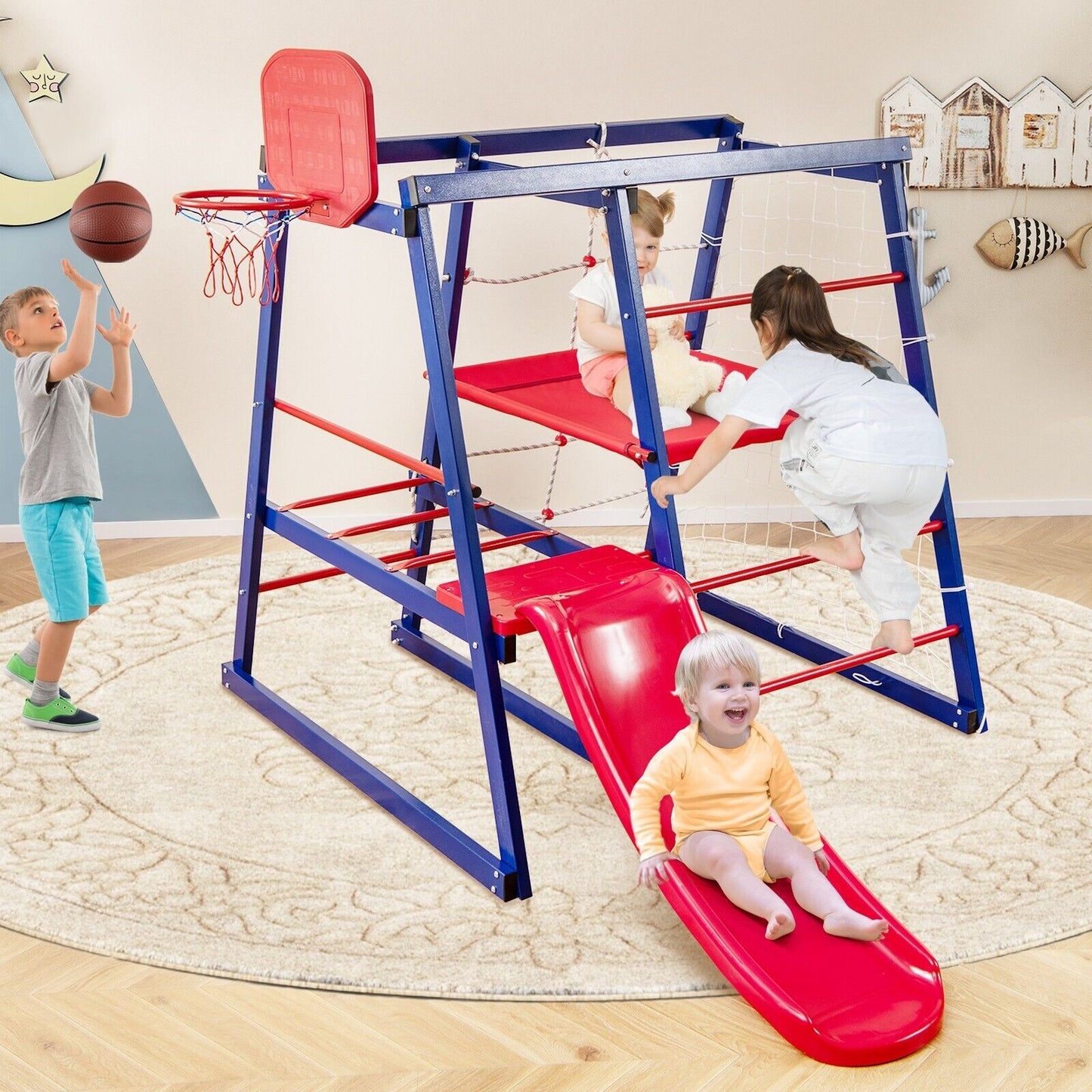 COSTWAY 7 in 1 Kids Climbing Toys Heavy Duty Metal Jungle Gym Set W/ Slide