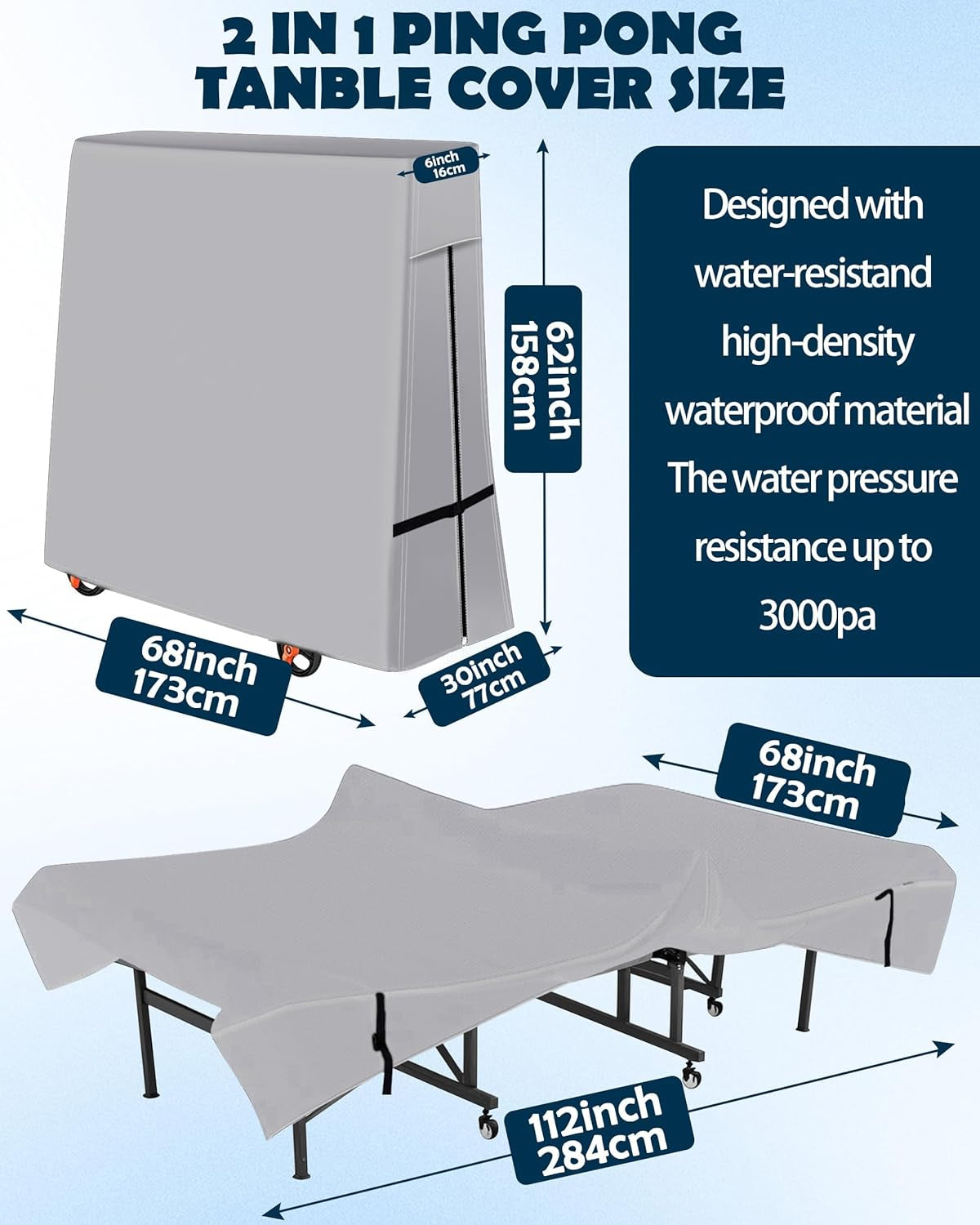Waterproof Table Tennis Table Cover, 600D Ping Pong Table Protection Outdoor and Indoor, Universal Folding Ping Pong Table Cover -- 173X77/16X158Cm