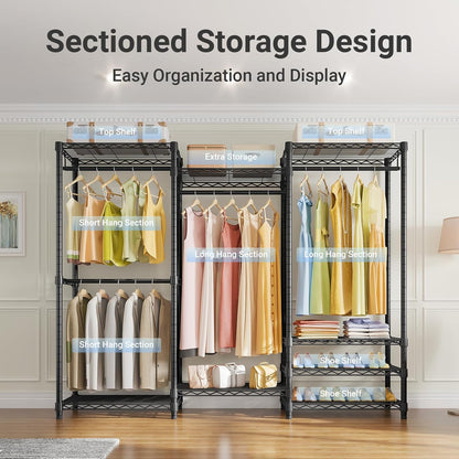 V5 Portable Closet Wardrobe Heavy Duty Clothes Rack, Freestanding Clothing Rack with 4 Hang Rods & 8 Shelves, Adjustable Closet Rack, 68.9" L X 15.7" W X 76.4" H, Max Load 890LBS, Black