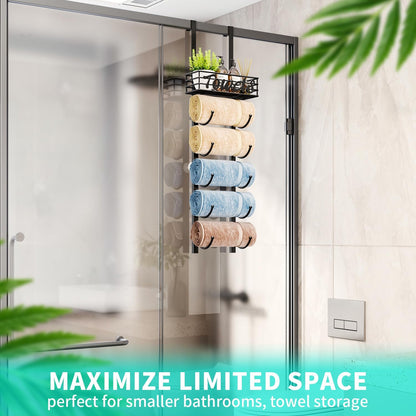 over Door Towel Rack - Towel Storage Rack Wall Mounted with Metal Shelf Basket, 6-Tier over Door Towel Rail & Bathroom Storage Organiser Towel Holders for Bathrooms, Camper, Rv