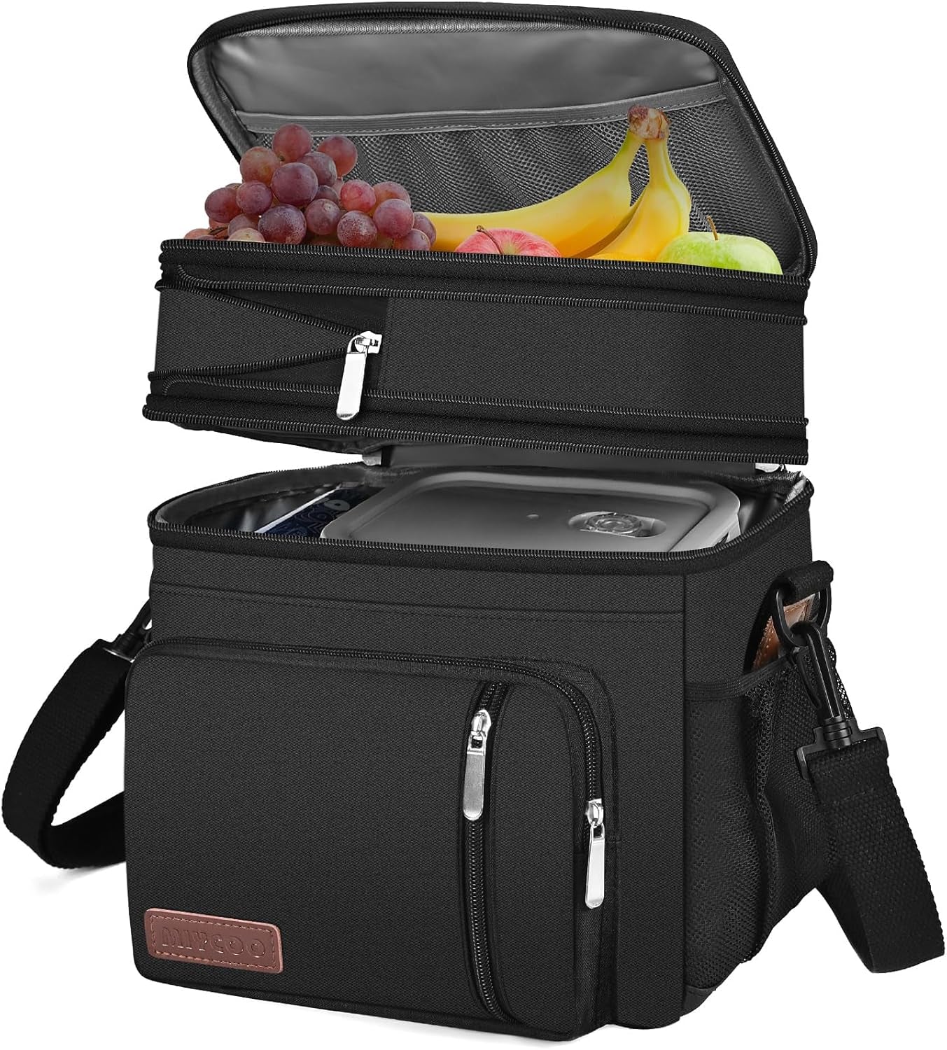 Lunch Bag & Lunch Box for Men Women Double Deck - Leakproof Insulated Soft Large Adult Lunch Cooler Bag for Work Picnic (Black,15L)