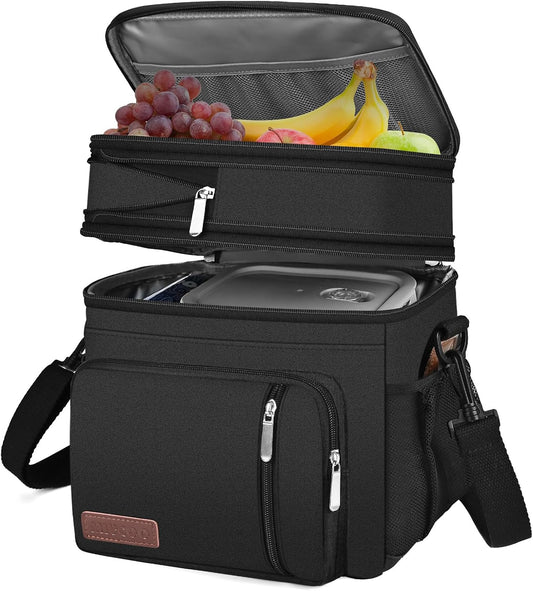 Lunch Bag & Lunch Box for Men Women Double Deck - Leakproof Insulated Soft Large Adult Lunch Cooler Bag for Work Picnic (Black,15L)