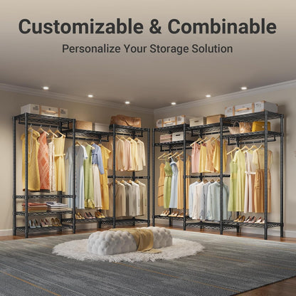 V5 Portable Closet Wardrobe Heavy Duty Clothes Rack, Freestanding Clothing Rack with 4 Hang Rods & 8 Shelves, Adjustable Closet Rack, 68.9" L X 15.7" W X 76.4" H, Max Load 890LBS, Black