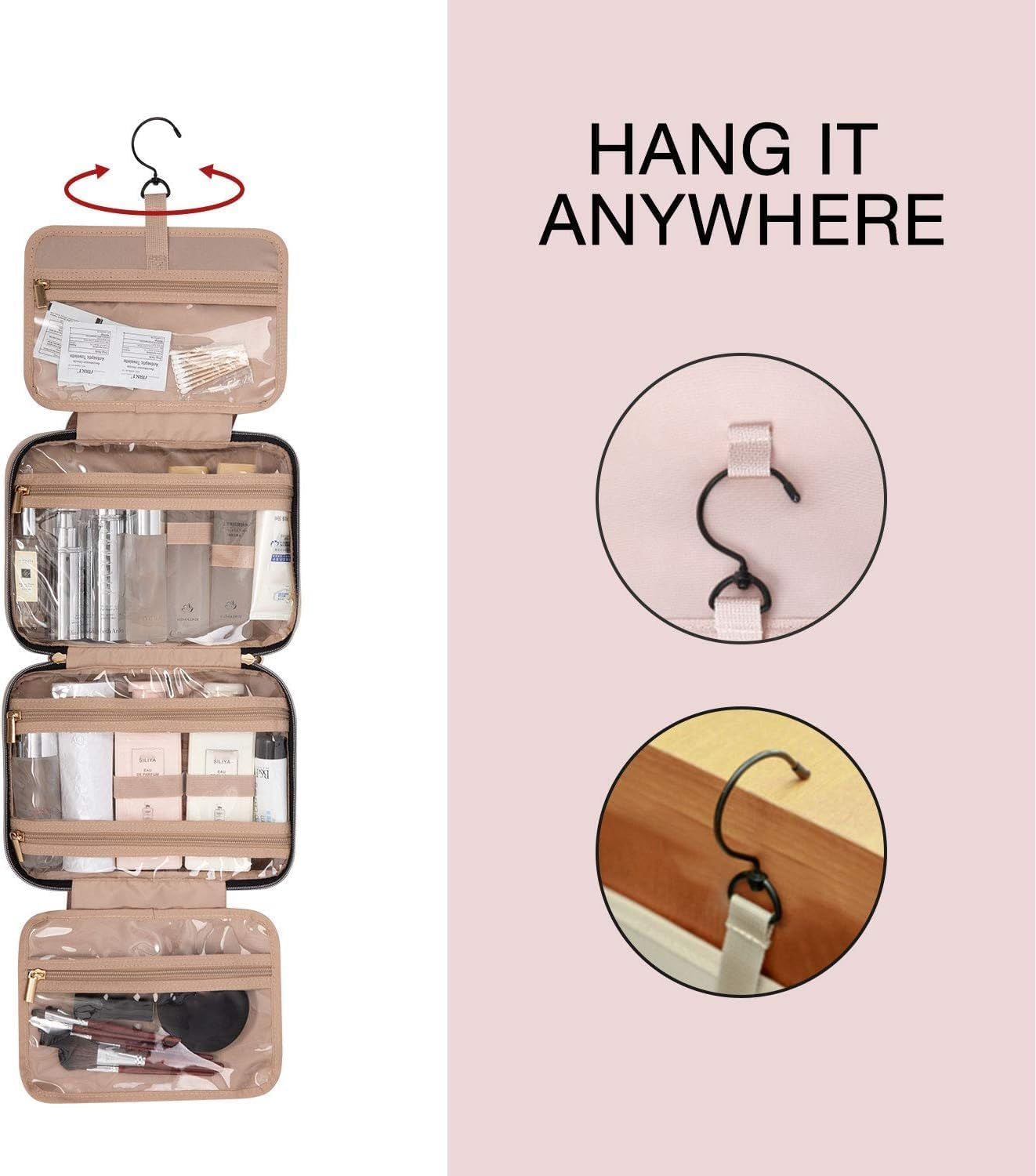 Stylish Pink Hanging Toiletry Bag - Large Capacity Makeup Organizer for Women, Perfect Travel Accessory for Full-Sized Containers