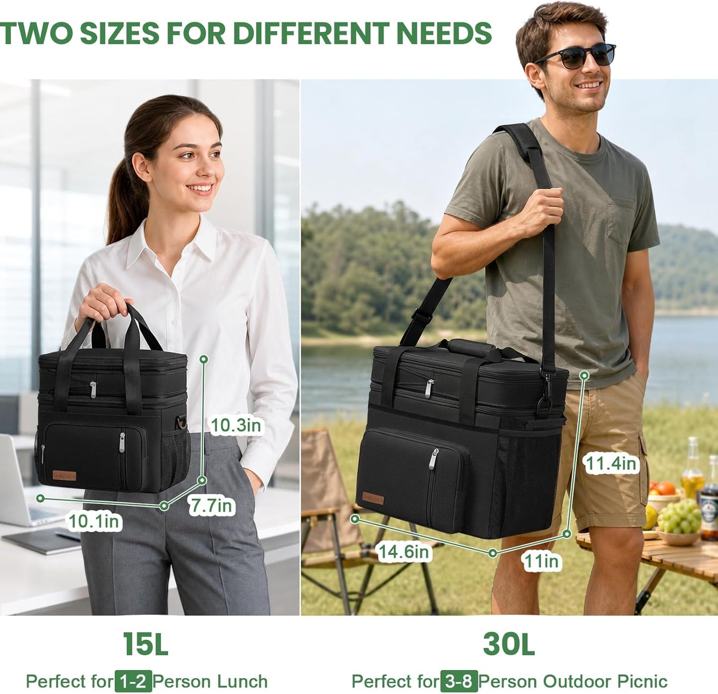 Lunch Bag & Lunch Box for Men Women Double Deck - Leakproof Insulated Soft Large Adult Lunch Cooler Bag for Work Picnic (Black,15L)