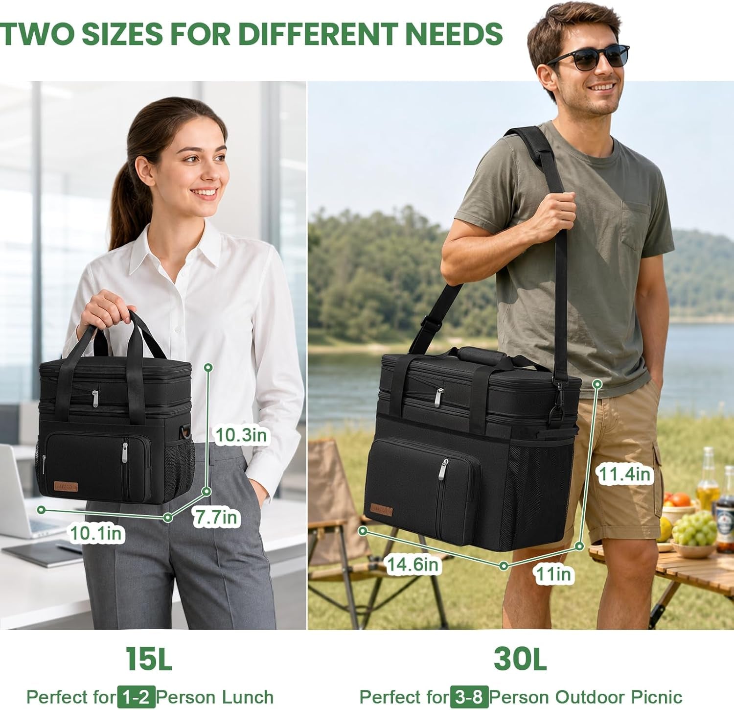Lunch Bag & Lunch Box for Men Women Double Deck - Leakproof Insulated Soft Large Adult Lunch Cooler Bag for Work Picnic (Black,15L)