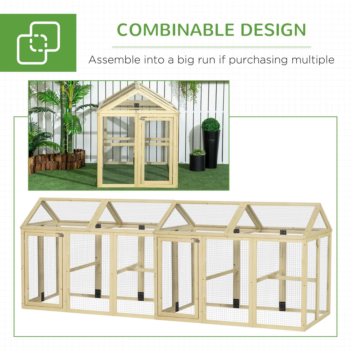 Large Chicken Run, Wooden Chicken Coop W/ Combinable Design-Natural Wood Finish