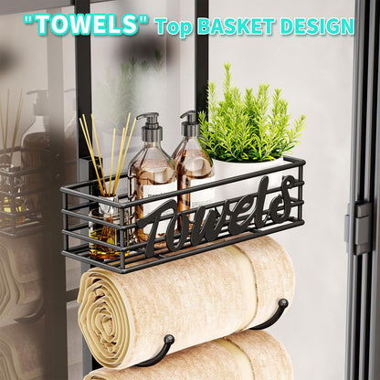 over Door Towel Rack - Towel Storage Rack Wall Mounted with Metal Shelf Basket, 6-Tier over Door Towel Rail & Bathroom Storage Organiser Towel Holders for Bathrooms, Camper, Rv