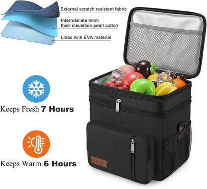 Lunch Bag & Lunch Box for Men Women Double Deck - Leakproof Insulated Soft Large Adult Lunch Cooler Bag for Work Picnic (Black,15L)