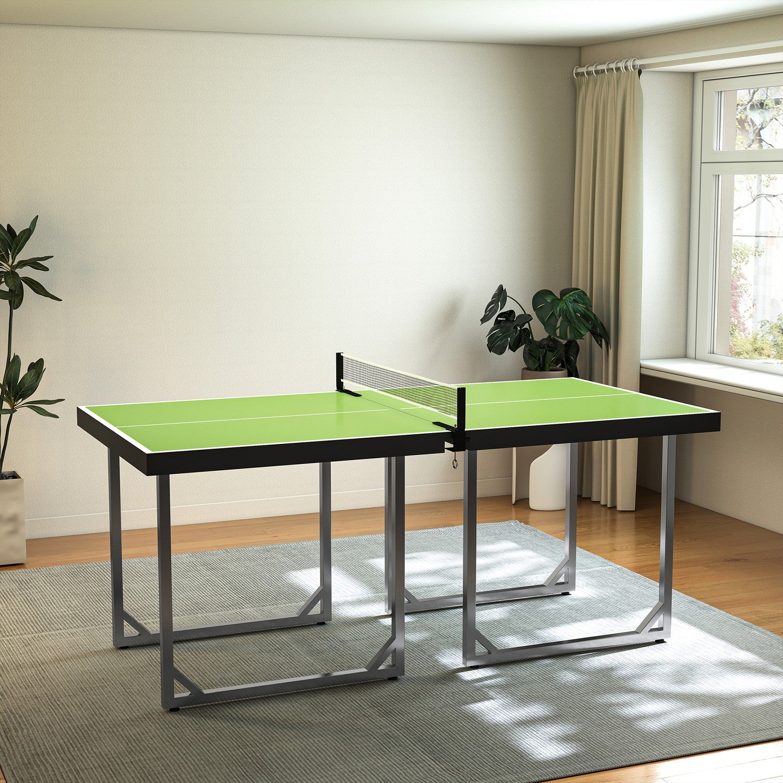 Tennis Table Ping Pong Storage Foldable Mini with Net Steel 182Cm Indoor, Green