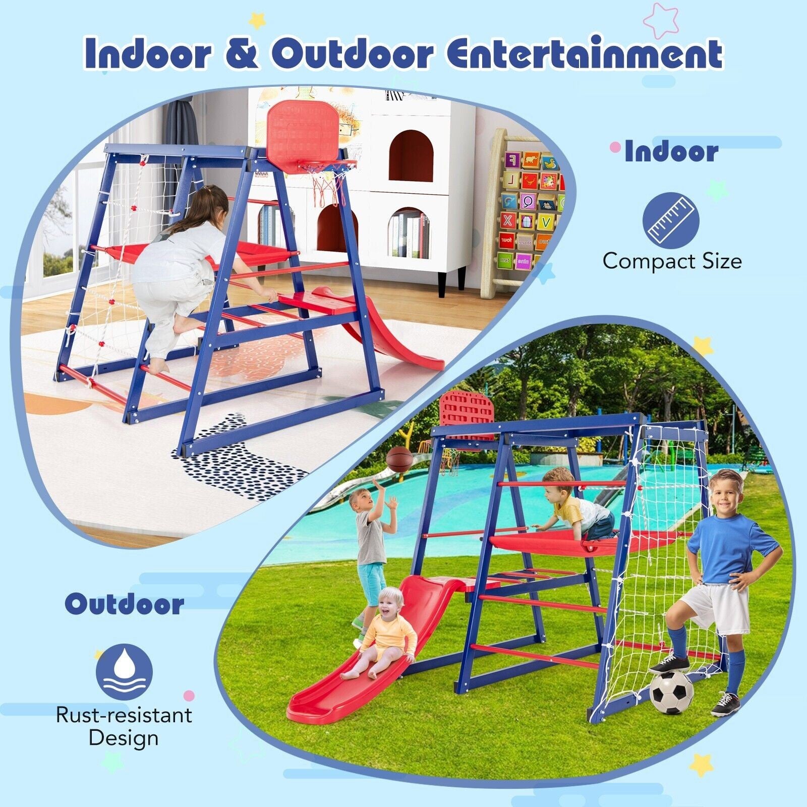 COSTWAY 7 in 1 Kids Climbing Toys Heavy Duty Metal Jungle Gym Set W/ Slide