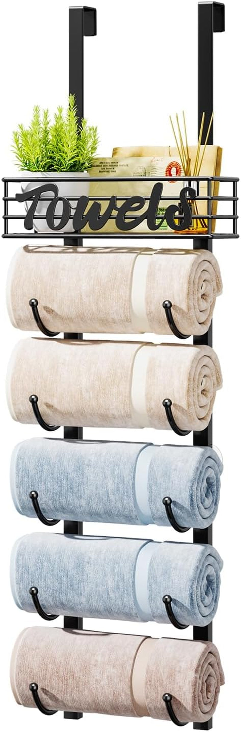 over Door Towel Rack - Towel Storage Rack Wall Mounted with Metal Shelf Basket, 6-Tier over Door Towel Rail & Bathroom Storage Organiser Towel Holders for Bathrooms, Camper, Rv