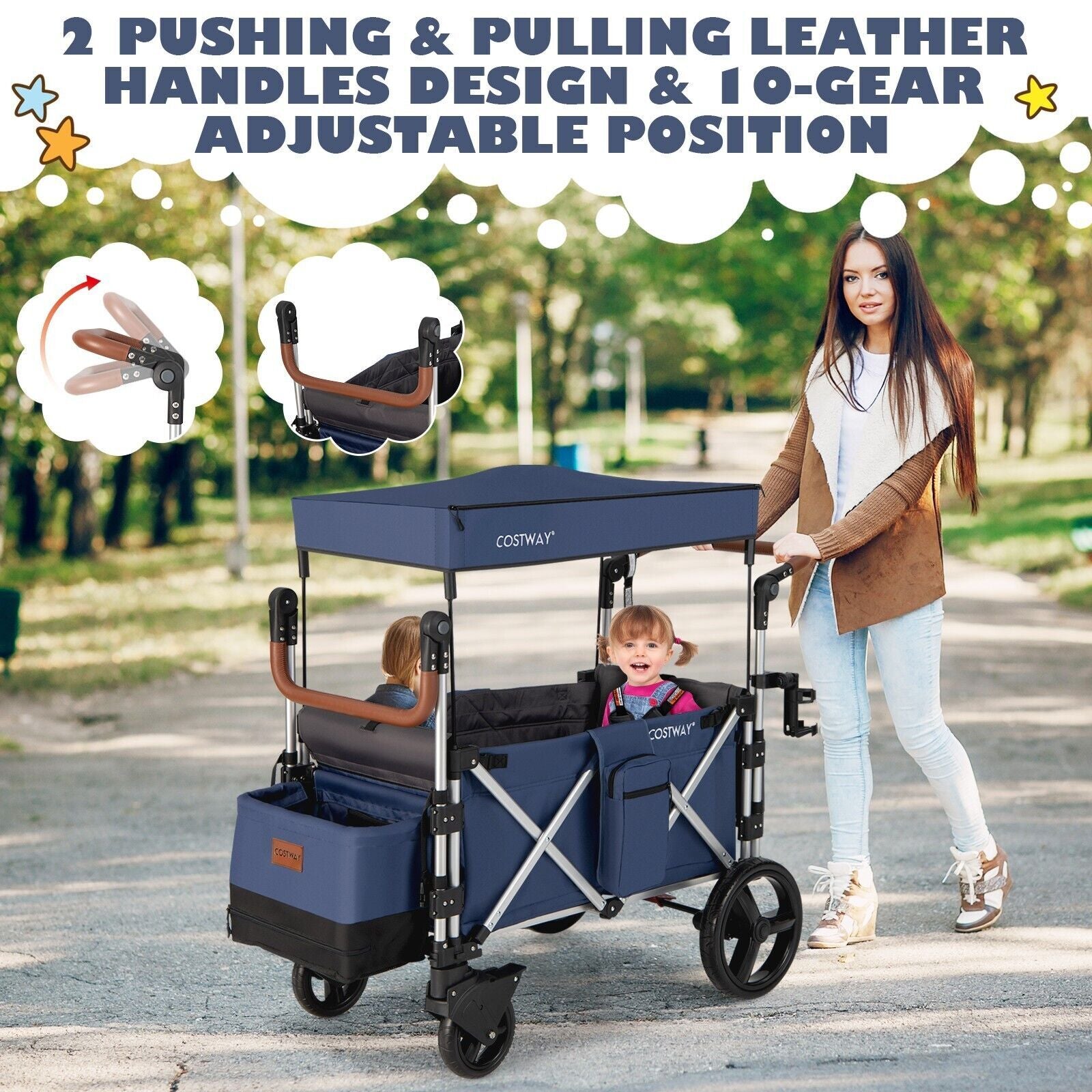 Twin Baby Double Stroller Wagon Push Pull Stroller Wagon Adjustable Handle Bar