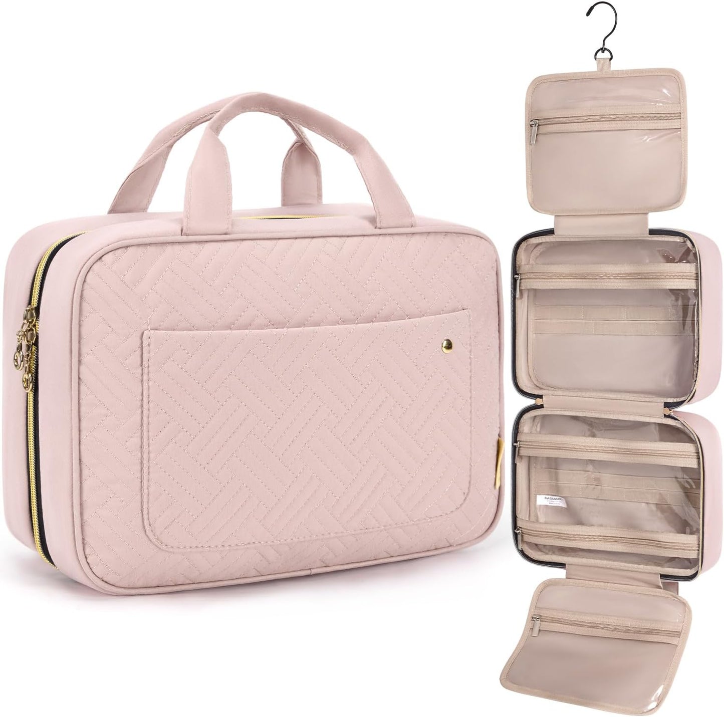 Stylish Pink Hanging Toiletry Bag - Large Capacity Makeup Organizer for Women, Perfect Travel Accessory for Full-Sized Containers