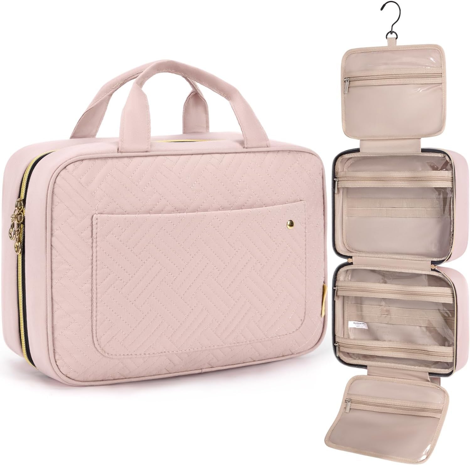 Stylish Pink Hanging Toiletry Bag - Large Capacity Makeup Organizer for Women, Perfect Travel Accessory for Full-Sized Containers