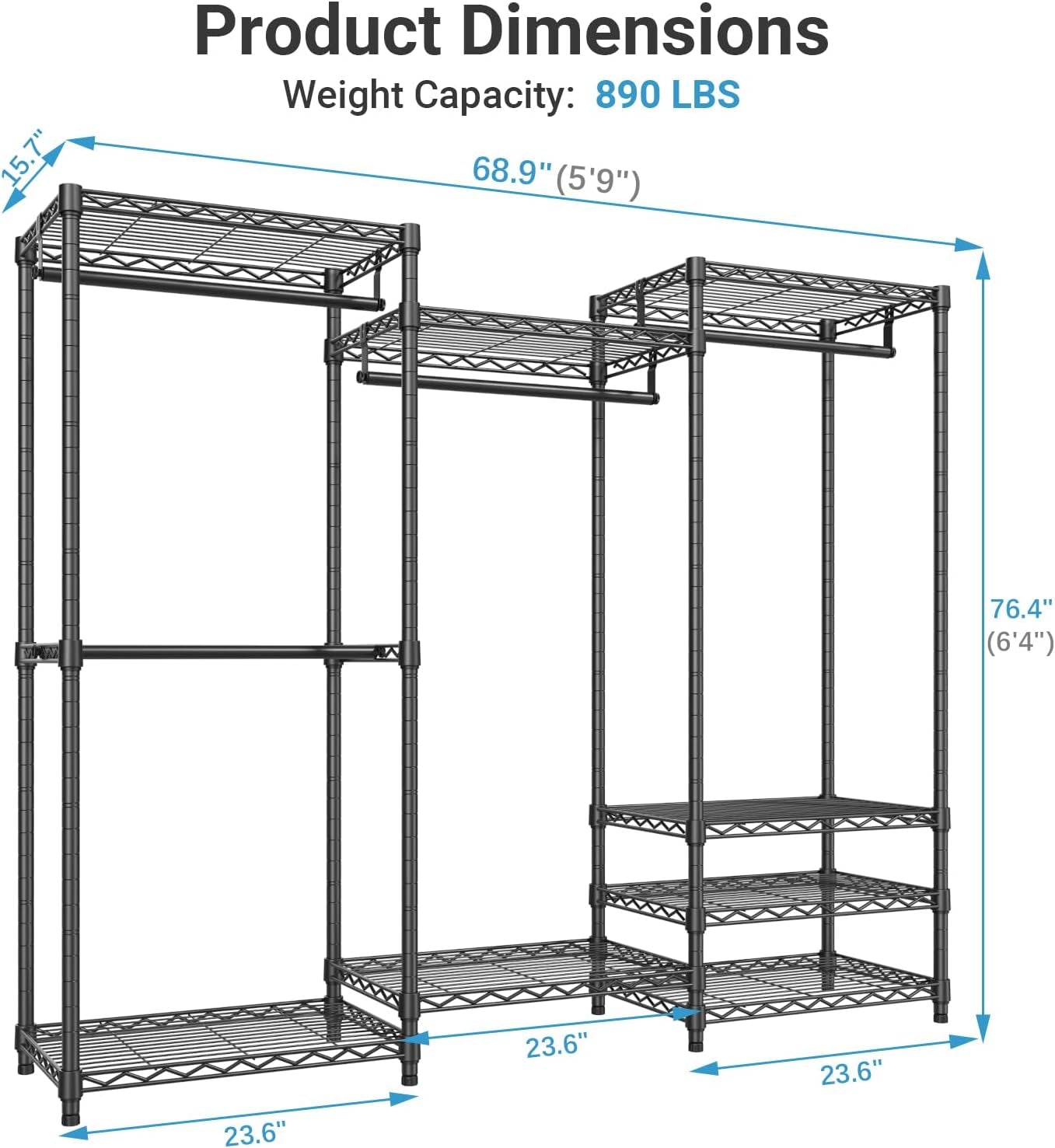 V5 Portable Closet Wardrobe Heavy Duty Clothes Rack, Freestanding Clothing Rack with 4 Hang Rods & 8 Shelves, Adjustable Closet Rack, 68.9" L X 15.7" W X 76.4" H, Max Load 890LBS, Black