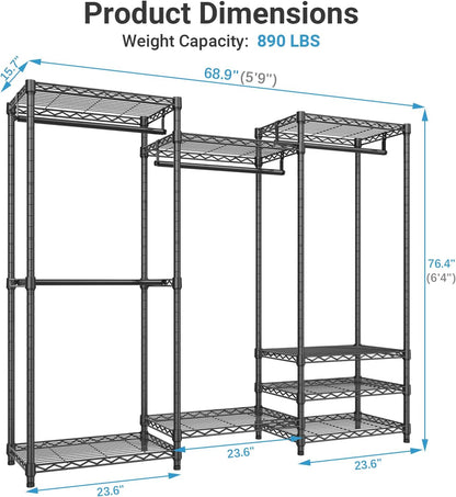 V5 Portable Closet Wardrobe Heavy Duty Clothes Rack, Freestanding Clothing Rack with 4 Hang Rods & 8 Shelves, Adjustable Closet Rack, 68.9" L X 15.7" W X 76.4" H, Max Load 890LBS, Black