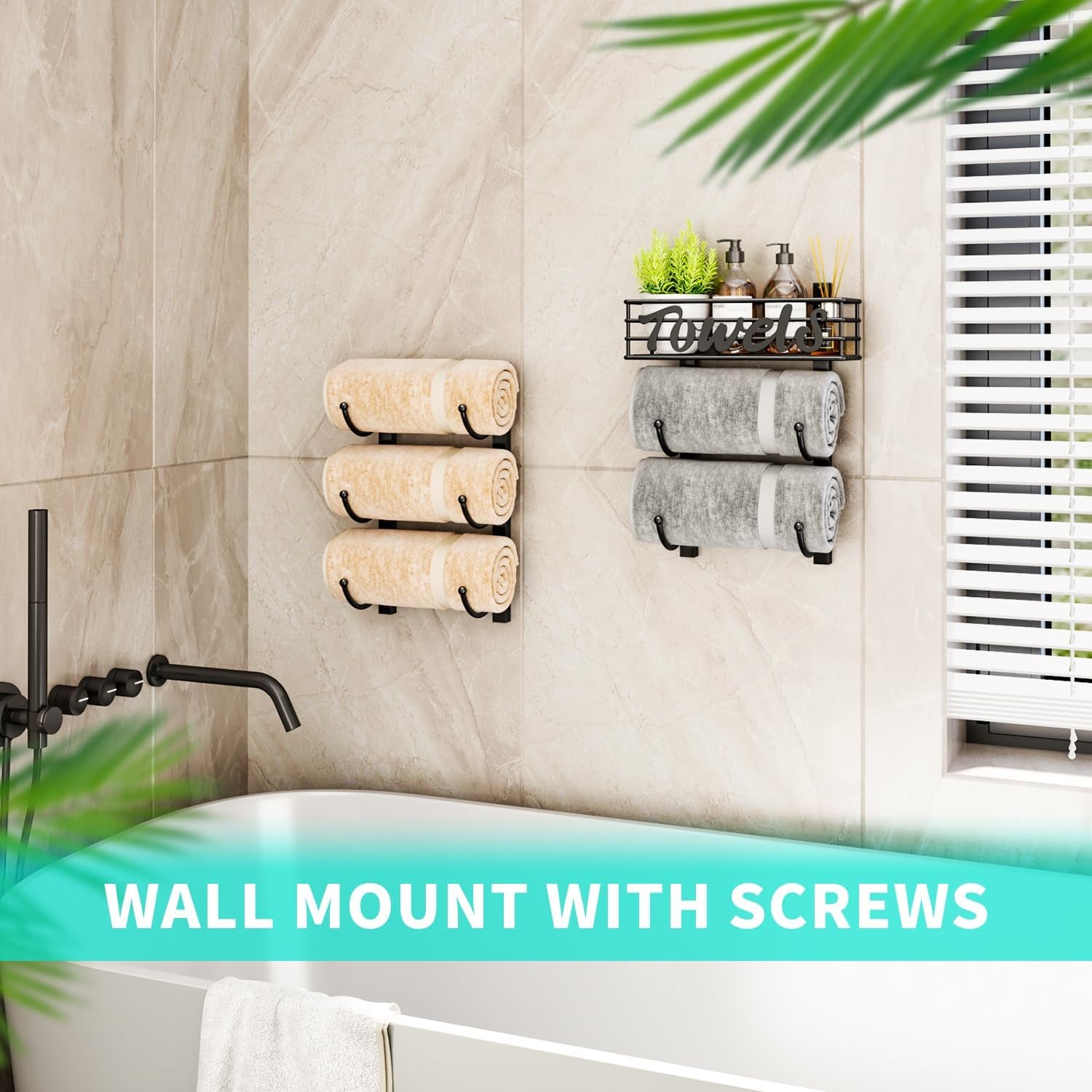 over Door Towel Rack - Towel Storage Rack Wall Mounted with Metal Shelf Basket, 6-Tier over Door Towel Rail & Bathroom Storage Organiser Towel Holders for Bathrooms, Camper, Rv