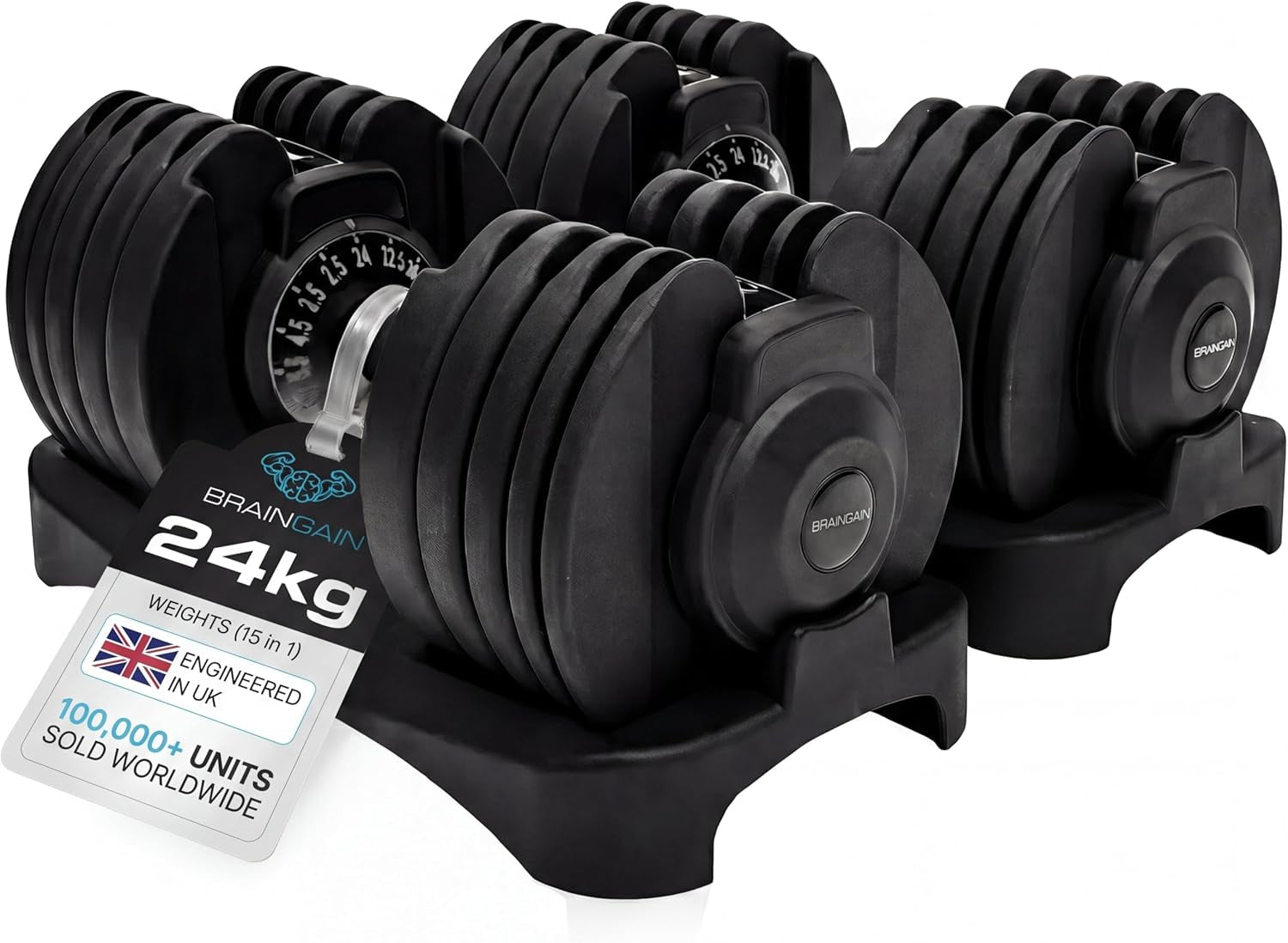 15-In-1 Adjustable Dumbbells 24Kg Pair, Quick Change Weights, Space Saving Home Gym Set, Secure Locking System, Non Slip Grip, Includes Storage Dock