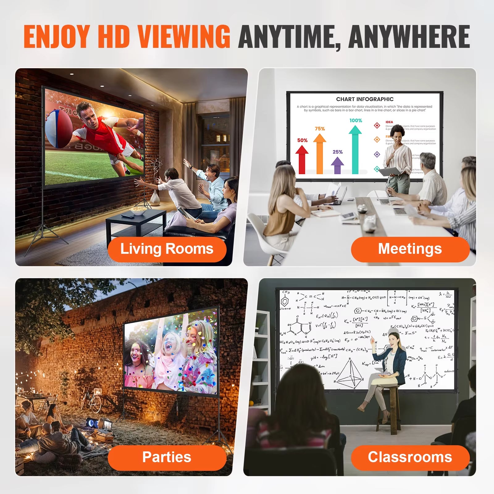 Succebuy Projector Screen with Stand 100 120 150 Inch 16:9 4K 1080 HD Portable Projection Screen for Home Office Theater Cinema
