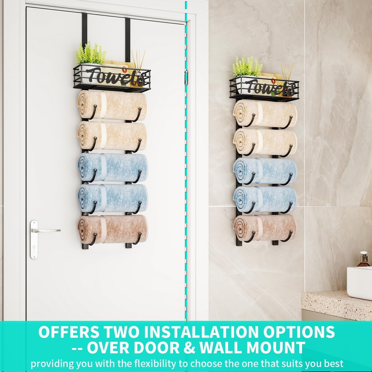 over Door Towel Rack - Towel Storage Rack Wall Mounted with Metal Shelf Basket, 6-Tier over Door Towel Rail & Bathroom Storage Organiser Towel Holders for Bathrooms, Camper, Rv