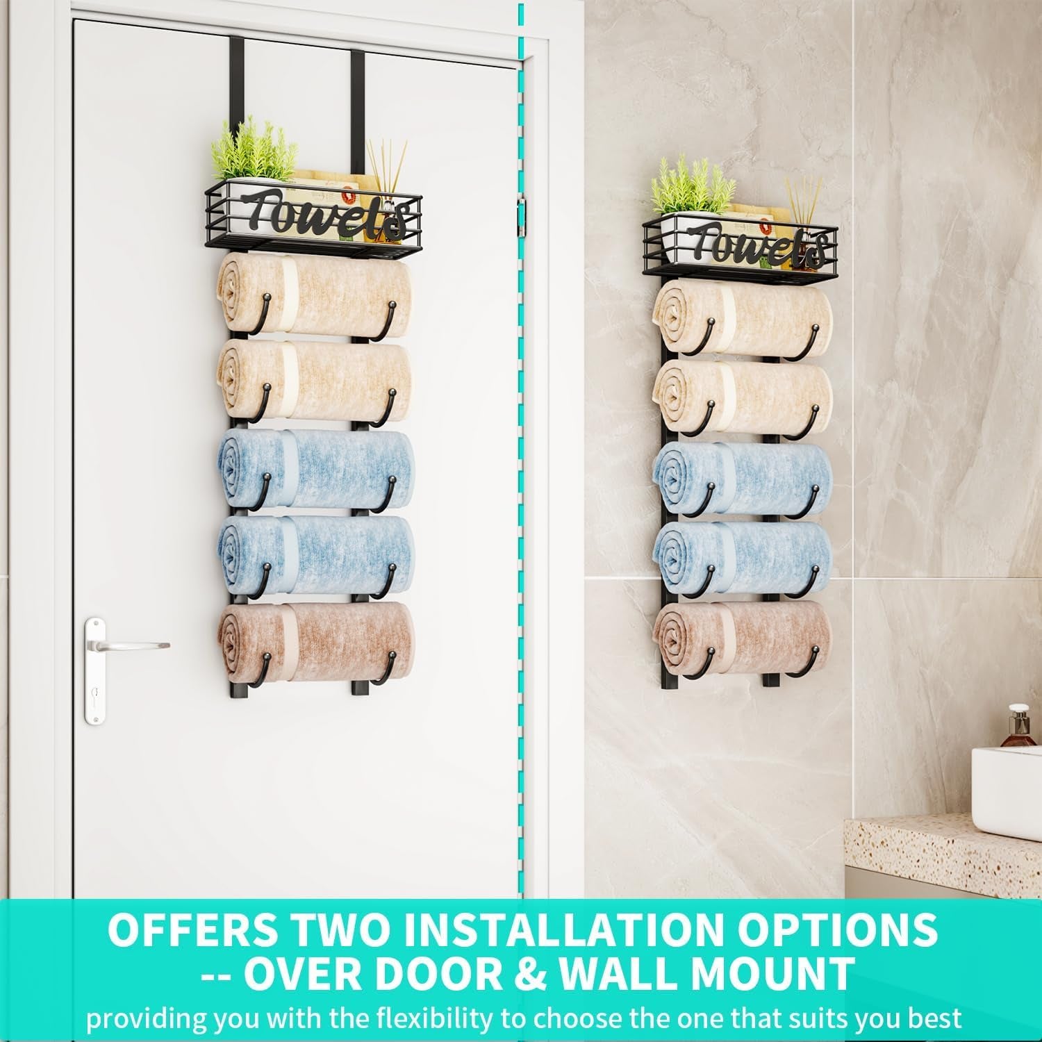over Door Towel Rack - Towel Storage Rack Wall Mounted with Metal Shelf Basket, 6-Tier over Door Towel Rail & Bathroom Storage Organiser Towel Holders for Bathrooms, Camper, Rv