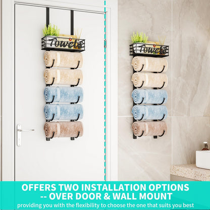 over Door Towel Rack - Towel Storage Rack Wall Mounted with Metal Shelf Basket, 6-Tier over Door Towel Rail & Bathroom Storage Organiser Towel Holders for Bathrooms, Camper, Rv