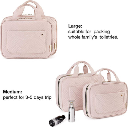 Stylish Pink Hanging Toiletry Bag - Large Capacity Makeup Organizer for Women, Perfect Travel Accessory for Full-Sized Containers