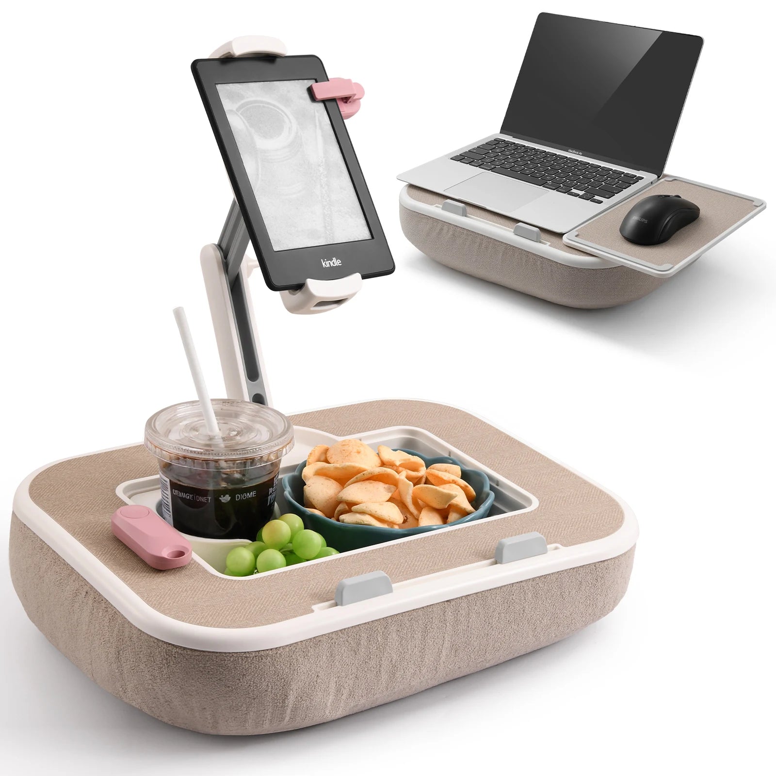 Tablet Pillow Stand Ipad Laptop Kindle Holder with Snack Bowl for Bed Couch Recliner 360°Rotate Clip Fits for 4.7-13"Inches