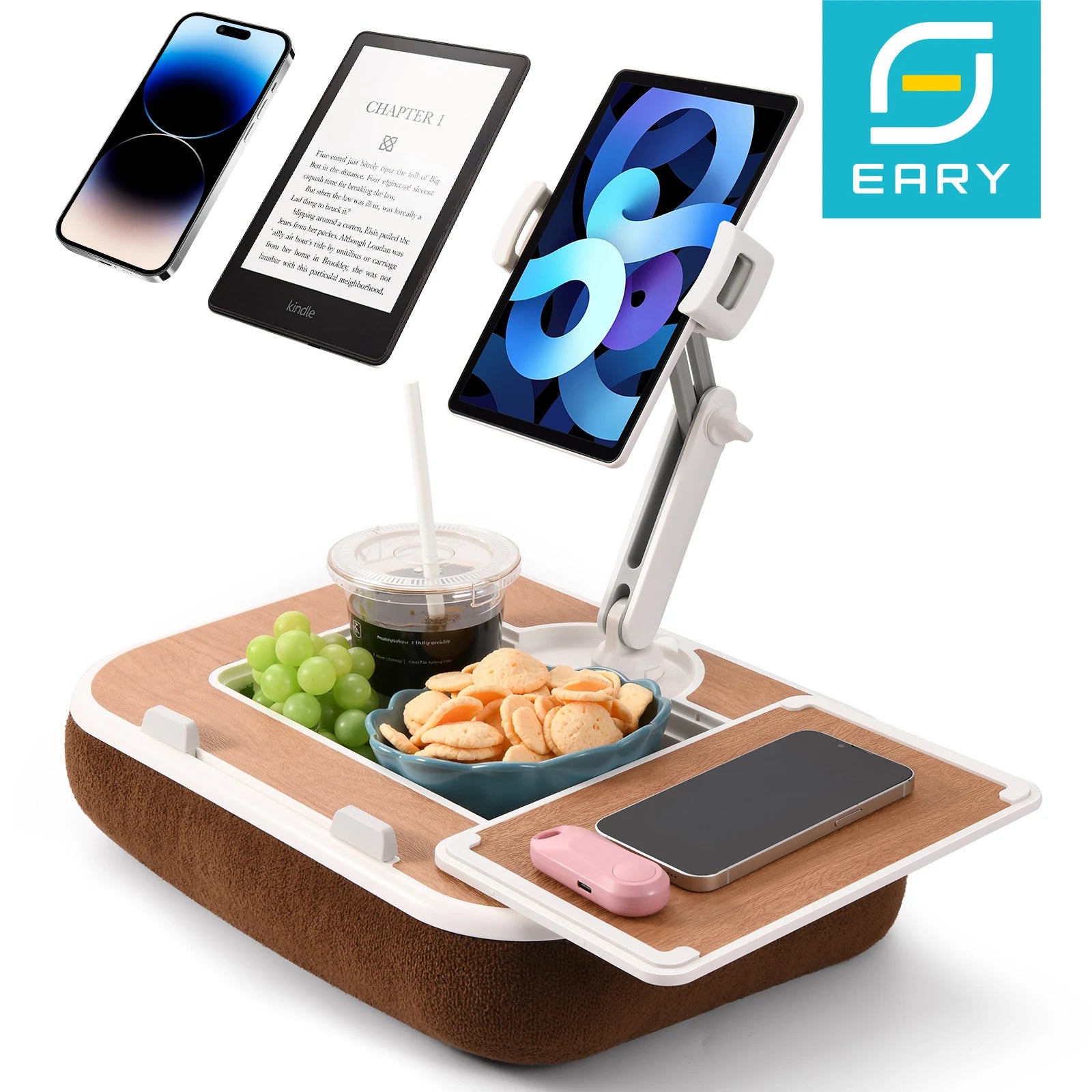 Tablet Pillow Stand Ipad Laptop Kindle Holder with Snack Bowl for Bed Couch Recliner 360°Rotate Clip Fits for 4.7-13"Inches