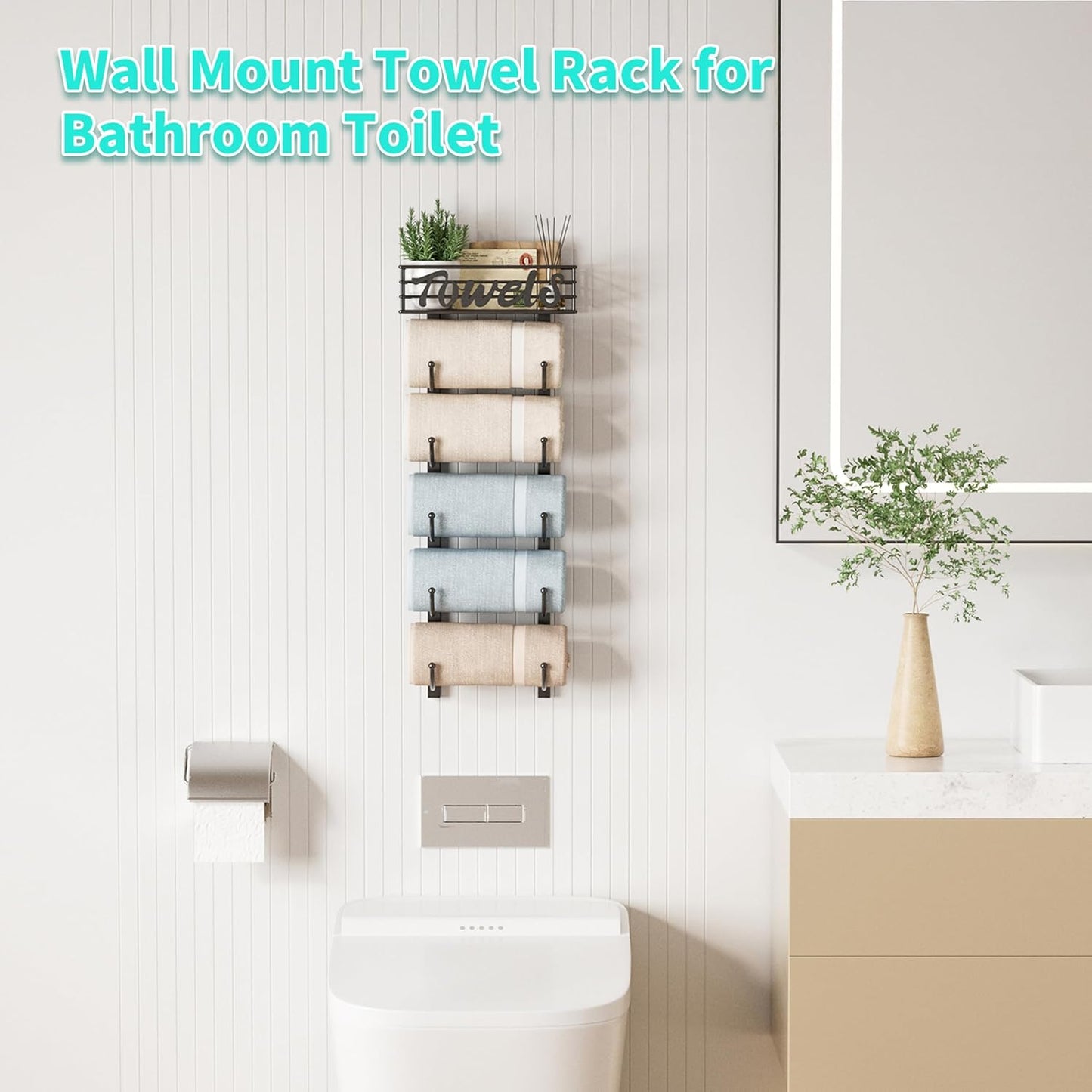 over Door Towel Rack - Towel Storage Rack Wall Mounted with Metal Shelf Basket, 6-Tier over Door Towel Rail & Bathroom Storage Organiser Towel Holders for Bathrooms, Camper, Rv