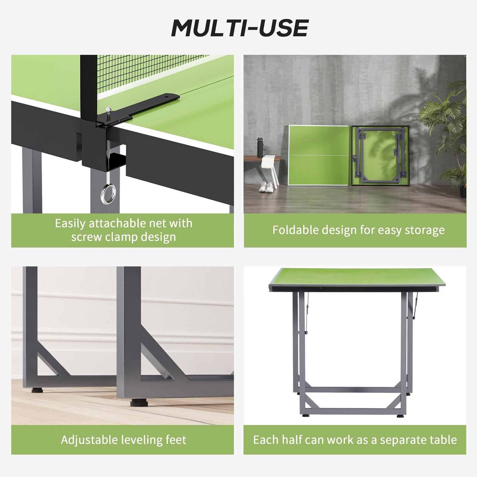 Tennis Table Ping Pong Storage Foldable Mini with Net Steel 182Cm Indoor, Green