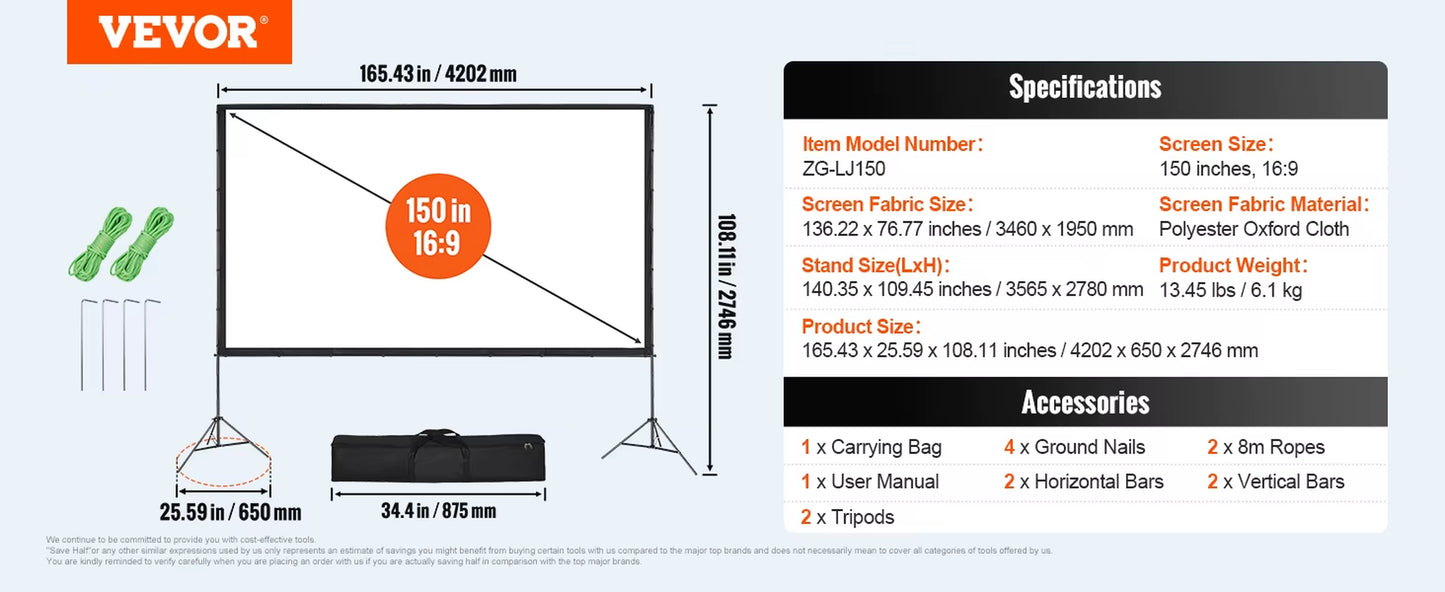 Succebuy Projector Screen with Stand 100 120 150 Inch 16:9 4K 1080 HD Portable Projection Screen for Home Office Theater Cinema
