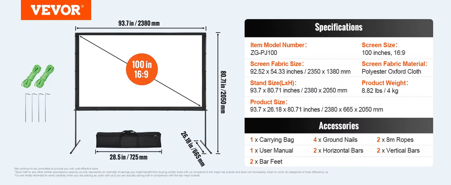 Succebuy Projector Screen with Stand 100 120 150 Inch 16:9 4K 1080 HD Portable Projection Screen for Home Office Theater Cinema