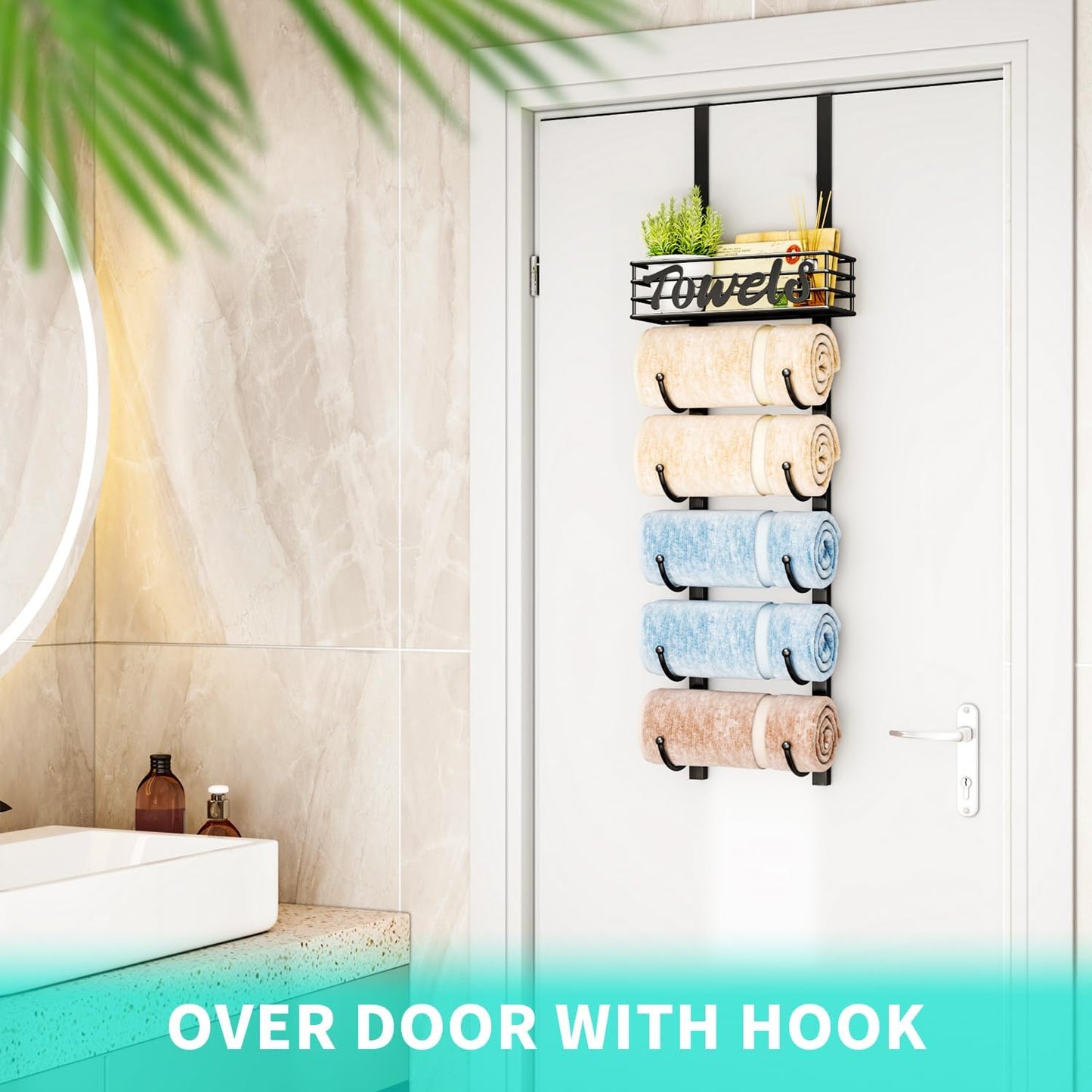 over Door Towel Rack - Towel Storage Rack Wall Mounted with Metal Shelf Basket, 6-Tier over Door Towel Rail & Bathroom Storage Organiser Towel Holders for Bathrooms, Camper, Rv