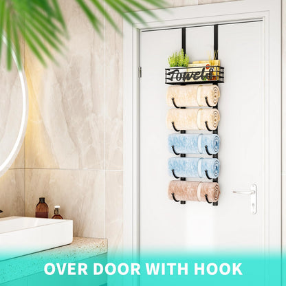 over Door Towel Rack - Towel Storage Rack Wall Mounted with Metal Shelf Basket, 6-Tier over Door Towel Rail & Bathroom Storage Organiser Towel Holders for Bathrooms, Camper, Rv