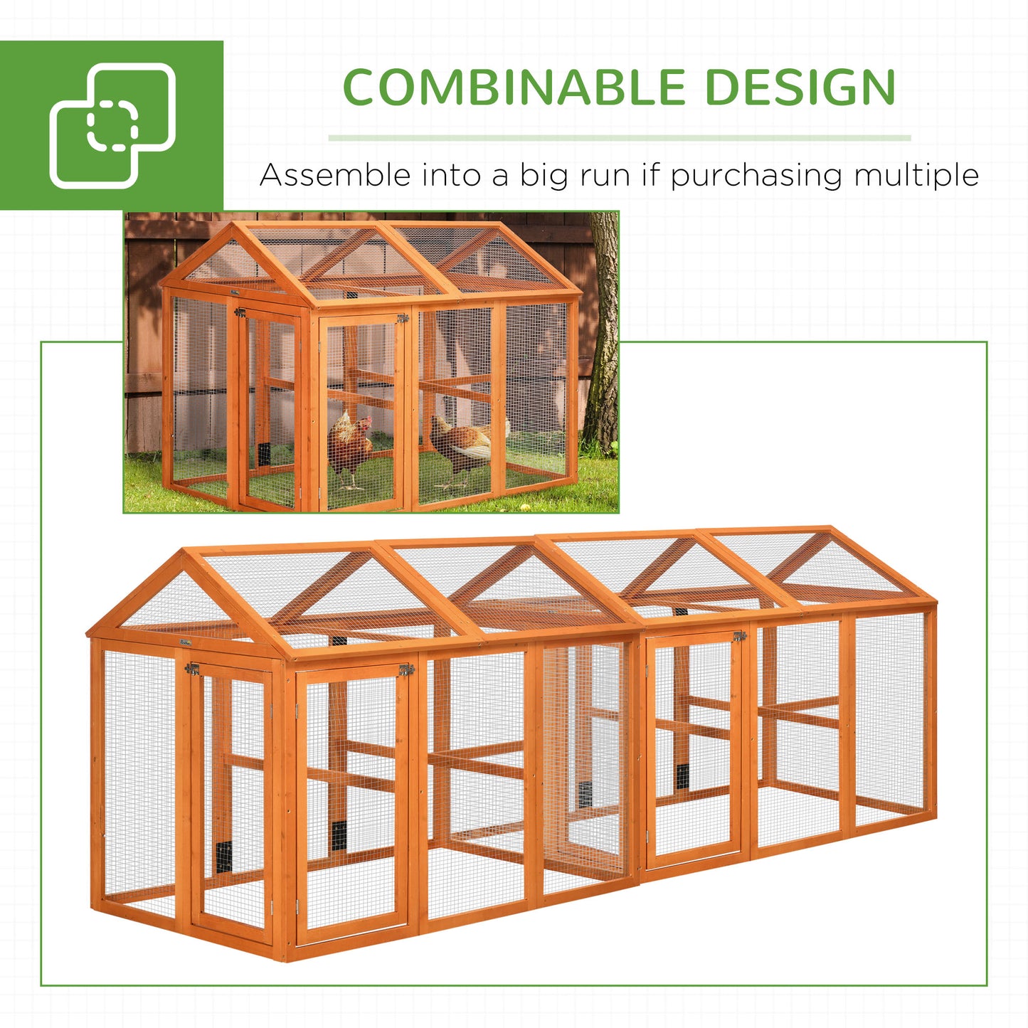 Large Chicken Run, Wooden Chicken Coop W/ Combinable Design-Natural Wood Finish