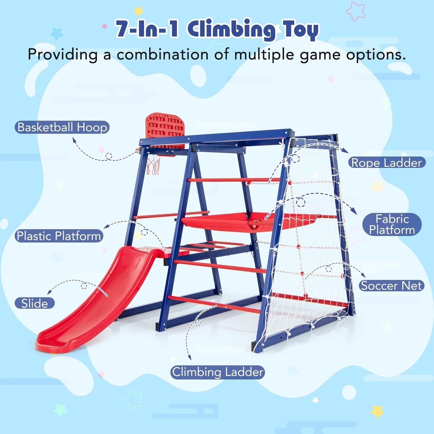 COSTWAY 7 in 1 Kids Climbing Toys Heavy Duty Metal Jungle Gym Set W/ Slide